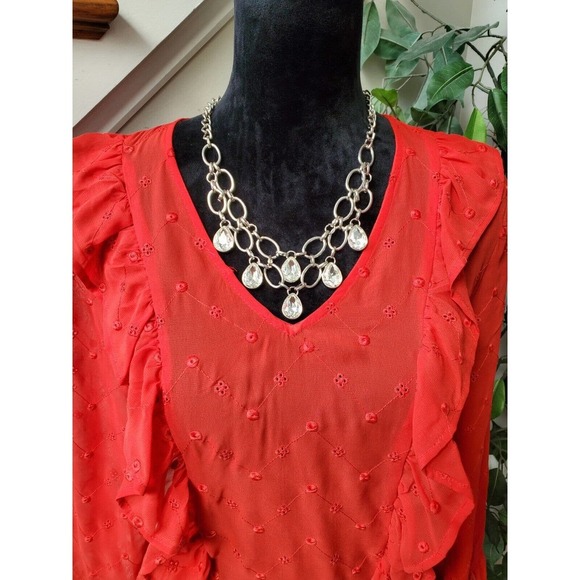 Soho New York & Company Women Red Polyester V-Neck Long Sleeve Top Blouse Small - Picture 9 of 11